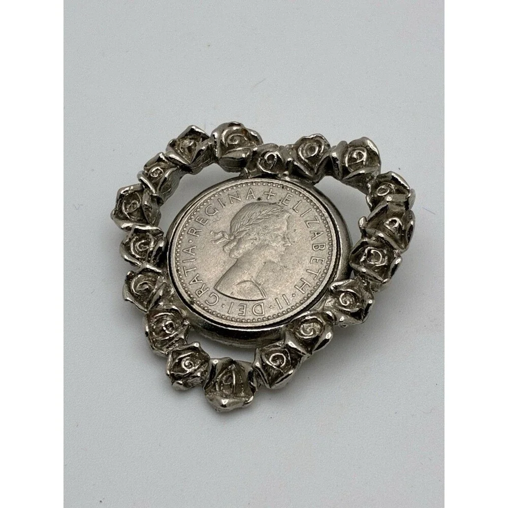 Queen Elizabeth Six Pence 1965 Coin Heart Rose Pendant  Silver Tone - No Chain